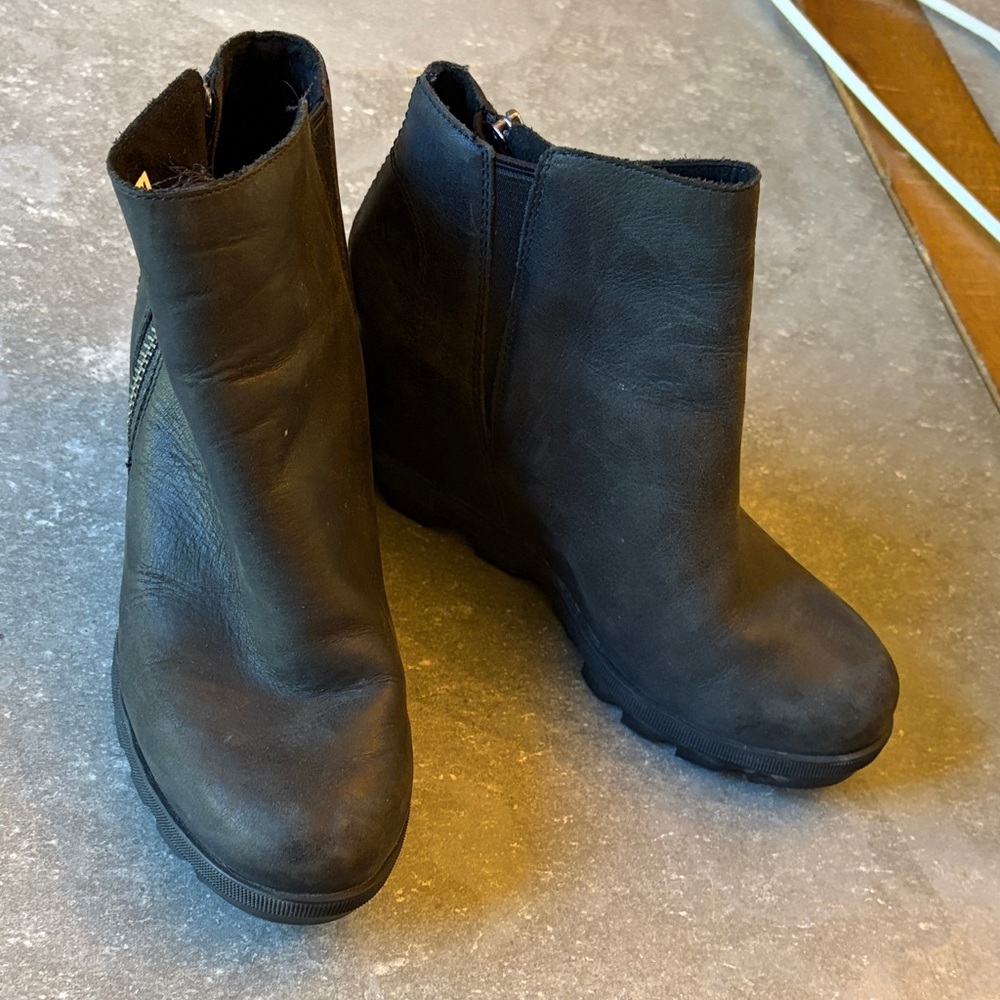 Sorel Black Joan of Arc Leather Wedge Booties